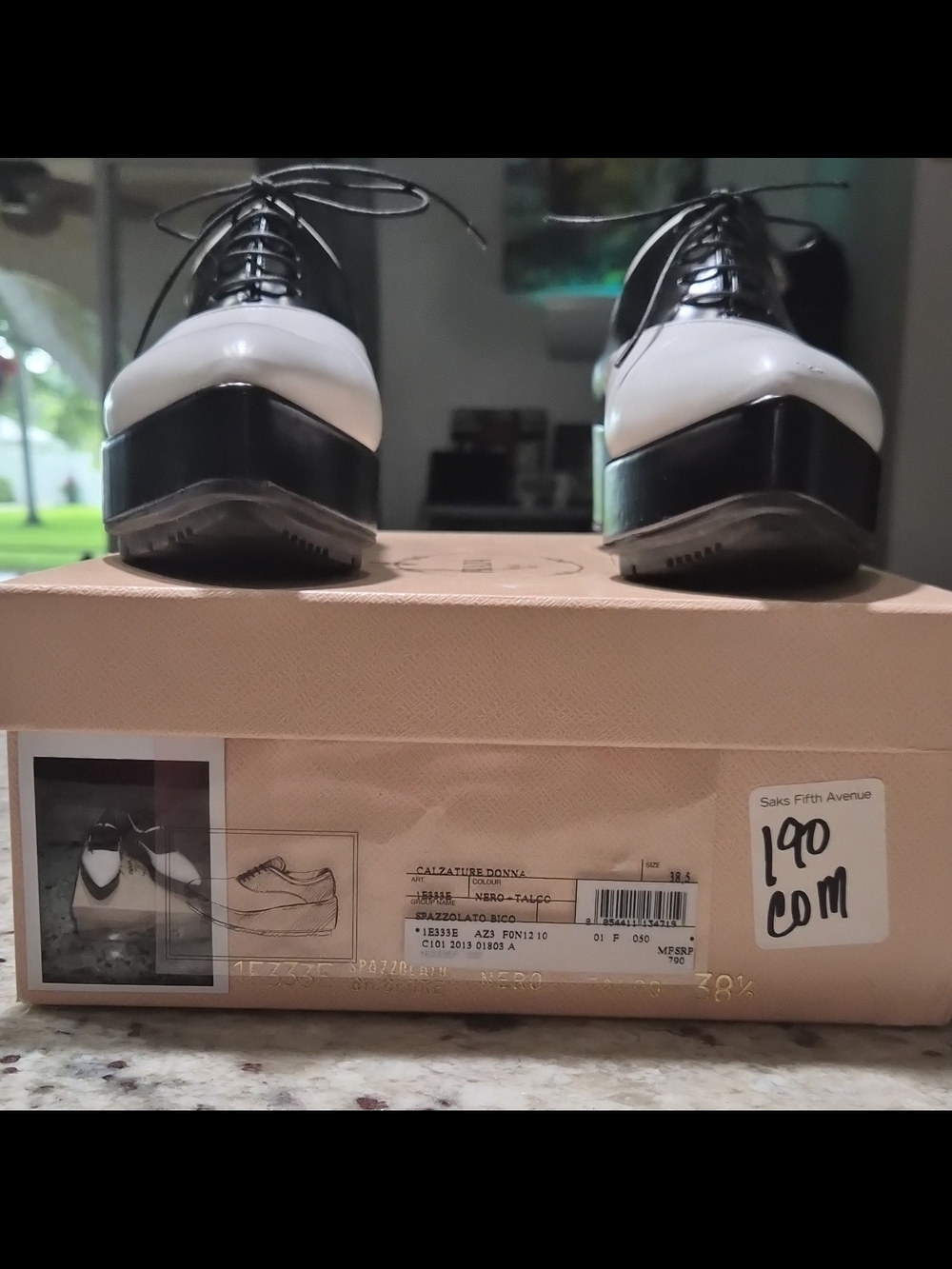 Prada Spazzolato Bicolore Platform Oxfords Black White Brogues 38.5 Box - Picture 3 of 16